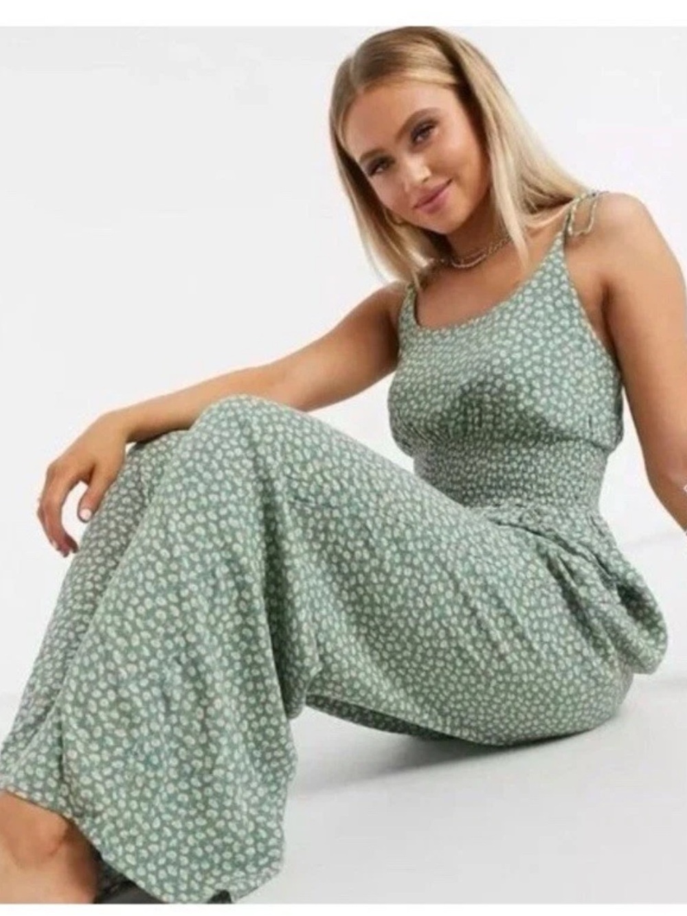 American Eagle Women's Floral Smocked Back Boho Jumpsuit in Green Size Medium